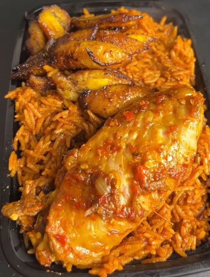 Close-up jollof rice and chicken